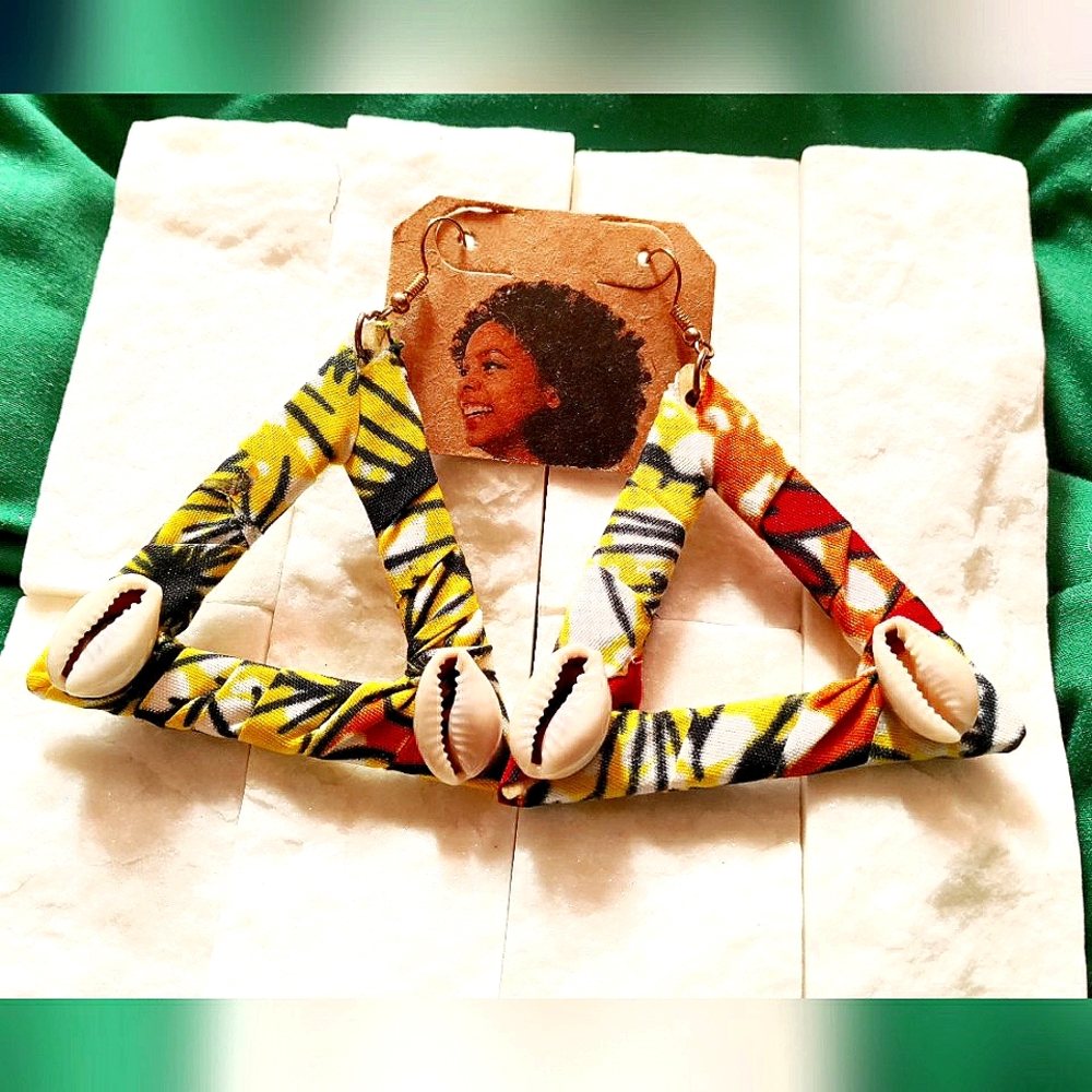 NEW Handcrafted Earrings w/African Fabric & Cowries! Women. Pyramids - Triangles